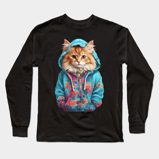 Cute cat wearing hoodie Long Sleeve T-Shirt by Majkel&Majkel